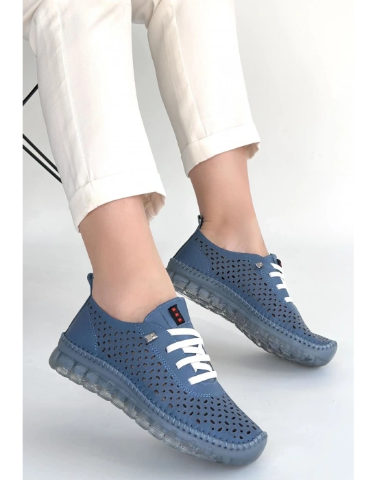 Otja Mavi Deri Lazerli Bağcıklı Spor Ayakkabı