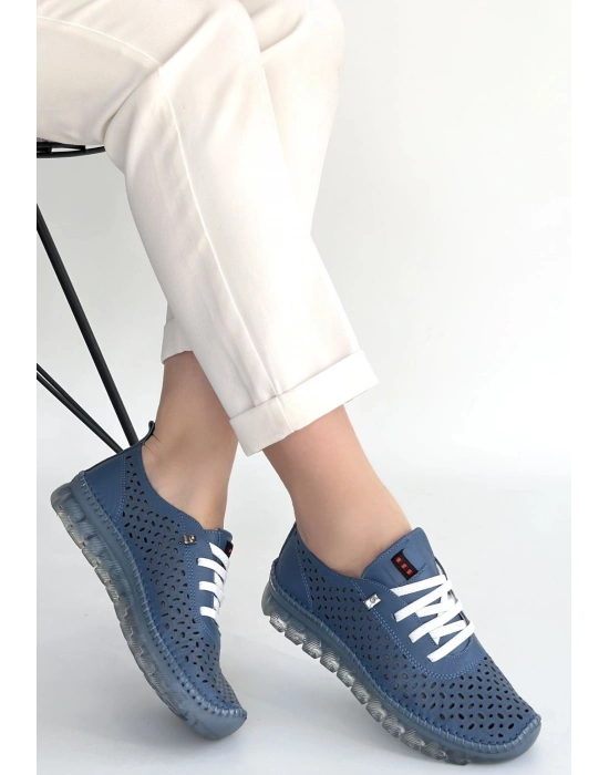 Otja Mavi Deri Lazerli Bağcıklı Spor Ayakkabı