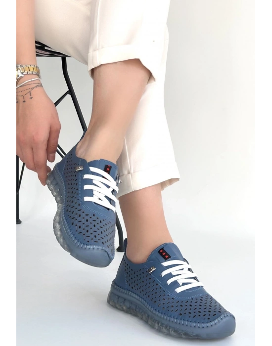 Otja Mavi Deri Lazerli Bağcıklı Spor Ayakkabı