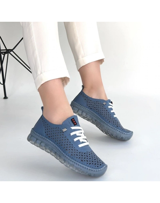 Otja Mavi Deri Lazerli Bağcıklı Spor Ayakkabı