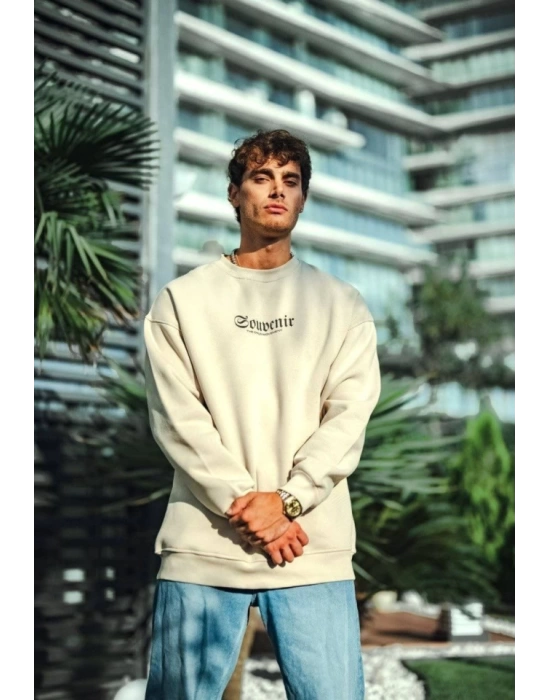 Oversize Bisiklet Yaka Baskılı SweatShirt - Beyaz