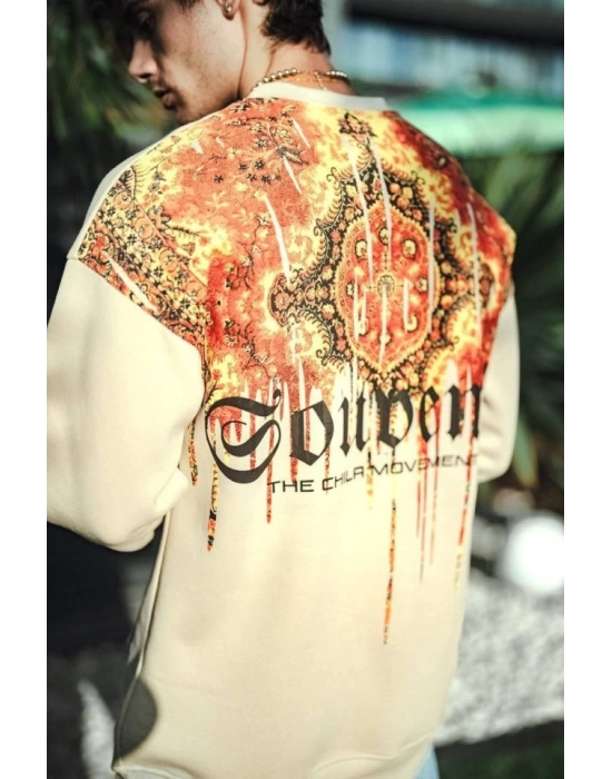 Oversize Bisiklet Yaka Baskılı SweatShirt - Beyaz