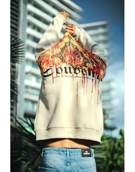 Oversize Bisiklet Yaka Baskılı SweatShirt - Beyaz