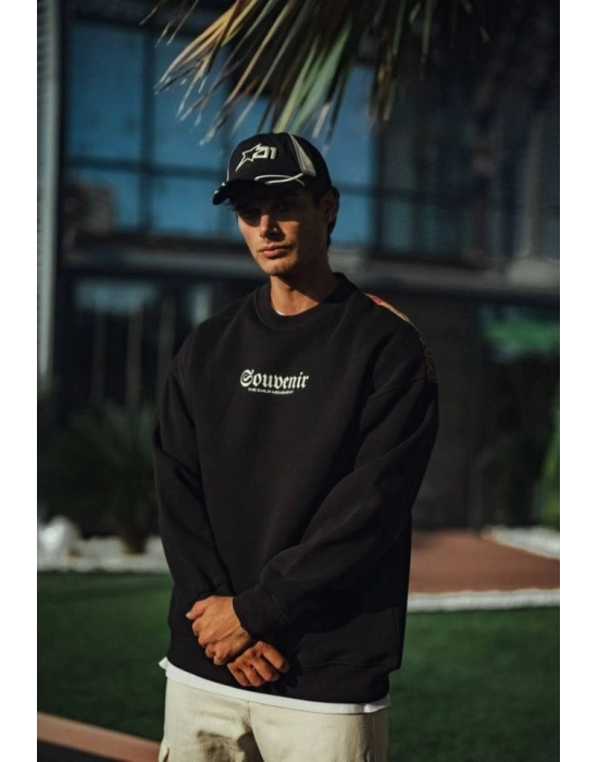 Oversize Bisiklet Yaka Baskılı SweatShirt - Siyah