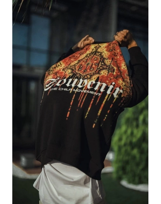 Oversize Bisiklet Yaka Baskılı SweatShirt - Siyah