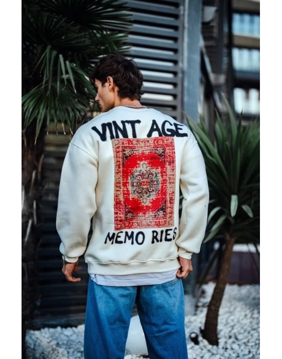 Oversize Bisiklet Yaka Üç İplik Baskılı SweatShirt - Beyaz