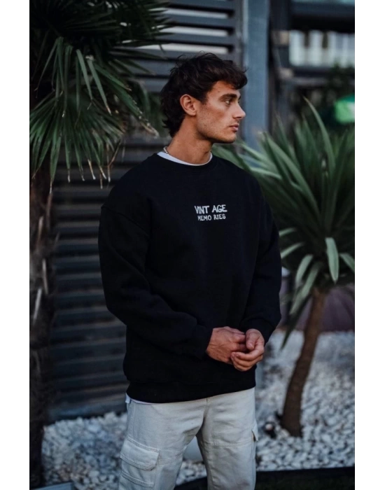 Oversize Bisiklet Yaka Üç İplik Baskılı SweatShirt - Siyah