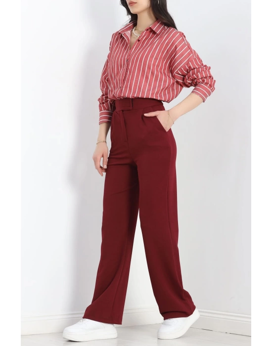 Oversize Çizgili Tunik Gömlek Bordobeyaz - 30110.1874.