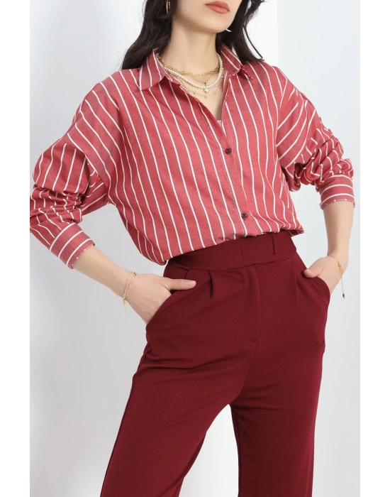 Oversize Çizgili Tunik Gömlek Bordobeyaz - 30110.1874.