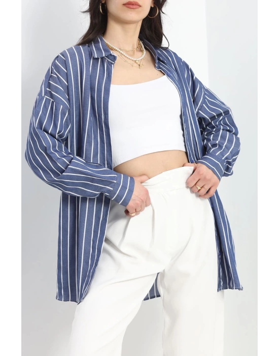 Oversize Çizgili Tunik Gömlek Lacivertbeyaz - 30110.1874.
