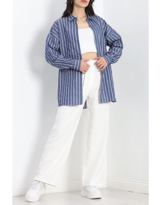 Oversize Çizgili Tunik Gömlek Lacivertbeyaz - 30110.1874.