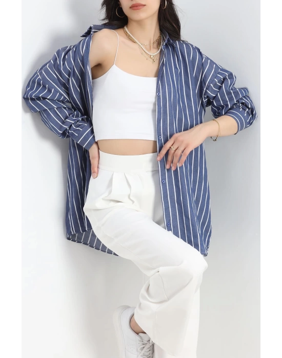 Oversize Çizgili Tunik Gömlek Lacivertbeyaz - 30110.1874.