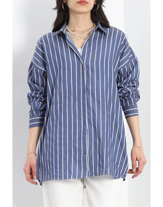 Oversize Çizgili Tunik Gömlek Lacivertbeyaz - 30110.1874.