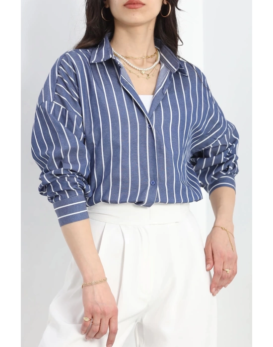 Oversize Çizgili Tunik Gömlek Lacivertbeyaz - 30110.1874.