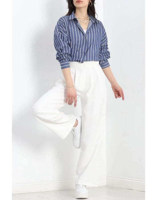 Oversize Çizgili Tunik Gömlek Lacivertbeyaz - 30110.1874.