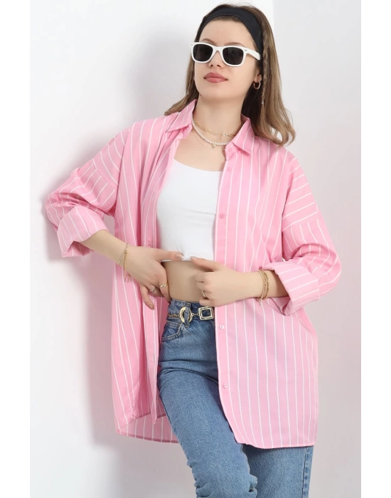 Oversize Çizgili Tunik Gömlek Pembebeyaz - 30110.1874.