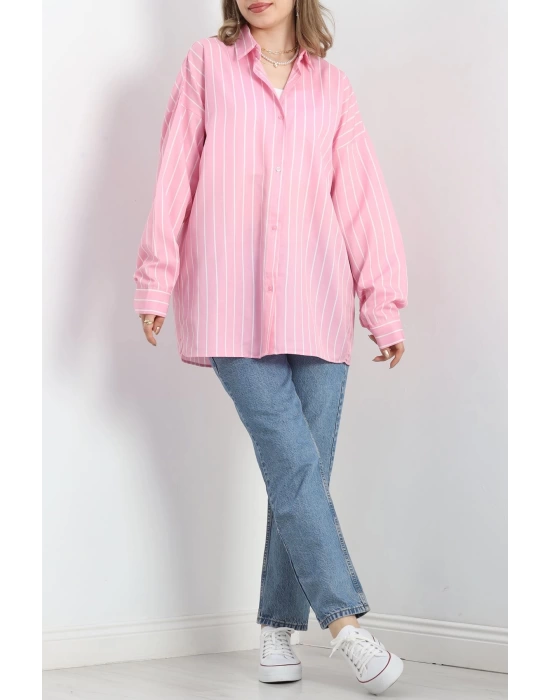Oversize Çizgili Tunik Gömlek Pembebeyaz - 30110.1874.