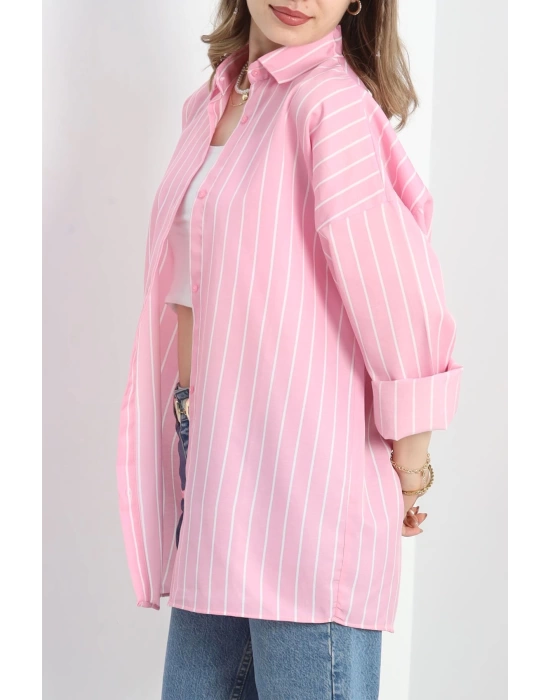 Oversize Çizgili Tunik Gömlek Pembebeyaz - 30110.1874.