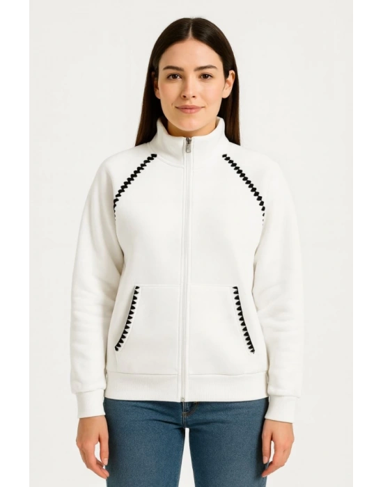 Oversize Dik Yaka Fermuarlı Sweatshirt - Zincir Nakışli Kanguru Cepli, - Beyaz