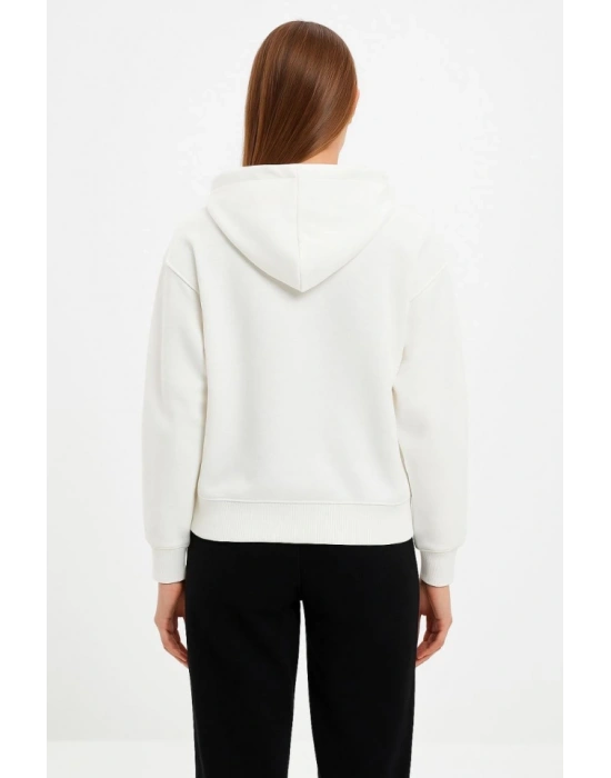 Oversize Kapüşonlu Sweatshirt Hoodie 3 İplik Şardonlu Pamuklu Kumaş, Önü Baskılı, Fermuarlı Rahat Kalıp, Kışlık Ve Sokak Stili Sweat - Beyaz