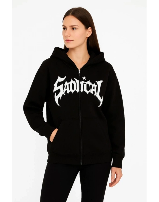 Oversize Kapüşonlu Sweatshirt  Hoodie 3 İplik Şardonlu Pamuklu Kumaş, Önü Baskılı, Fermuarlı Rahat Kalıp, Kışlık Ve Sokak Stili Sweat - Siyah