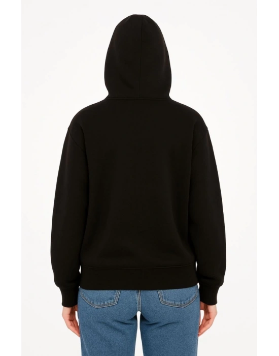 Oversize Kapüşonlu Sweatshirt  Hoodie 3 İplik Şardonlu Pamuklu Kumaş, Önü Baskılı, Fermuarlı Rahat Kalıp, Kışlık Ve Sokak Stili Sweat - Siyah
