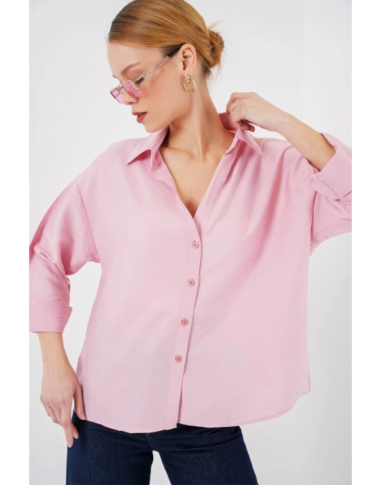 Oversize Kısa Kol Gömlek 20315 - Pembe
