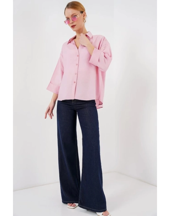 Oversize Kısa Kol Gömlek 20315 - Pembe