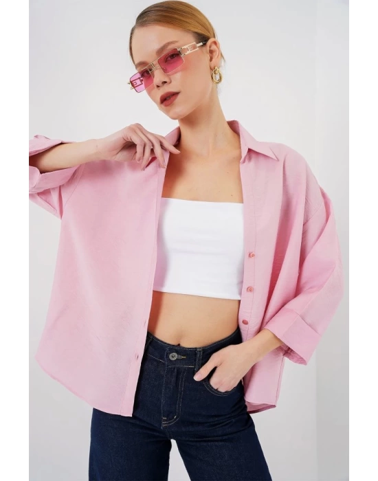 Oversize Kısa Kol Gömlek 20315 - Pembe