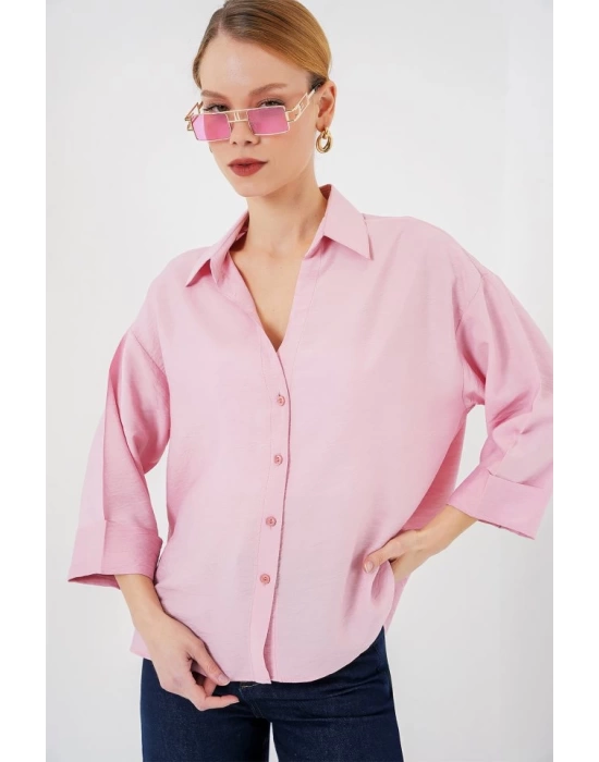 Oversize Kısa Kol Gömlek 20315 - Pembe