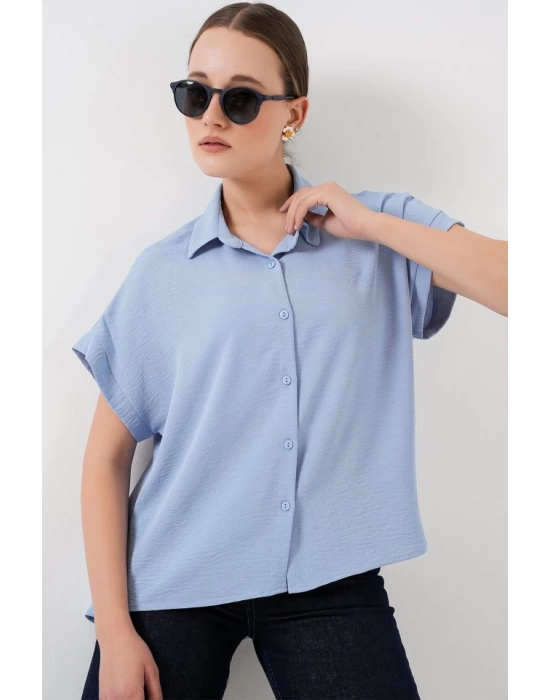 Oversize Kısa Kol Gömlek 20322 - Mavi
