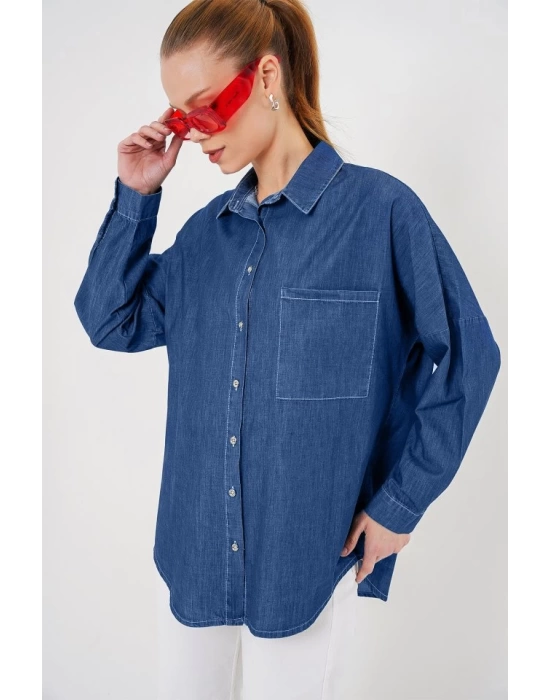 Oversize Kot Gömlek 20280 - Lacivert