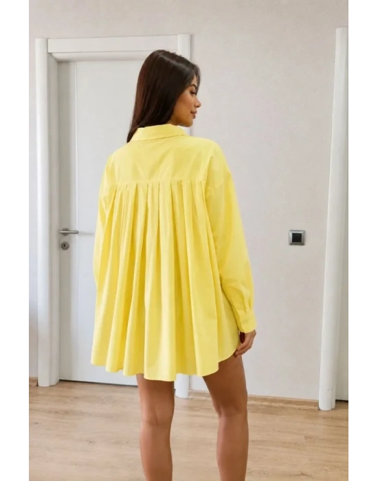 Oversize Pens Detaylı Cepli Yırtmaçlı Rahat Kalıp Poplin Gömlek - Sarı