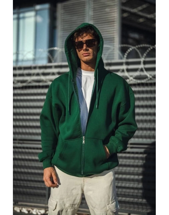 Oversize Tam Fermuarlı Uzun Kol Hırka - Haki