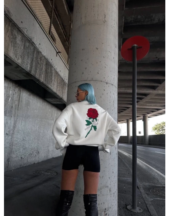 Oversize Üç İplik Bisiklet Yaka Baskılı SweatShirt - Beyaz