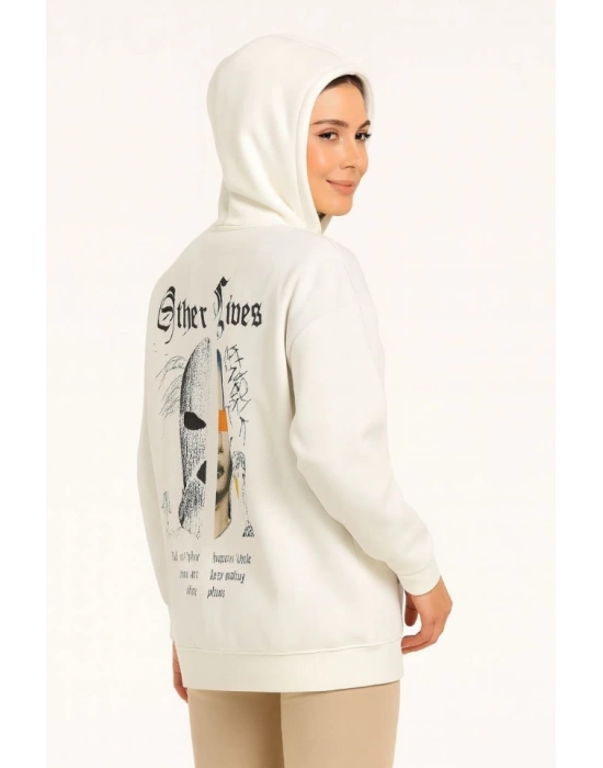 Oversize Üç İplik Şardonlu Kapüşonlu Sweatshirt – Beyaz “Other Lives” Ön Ve Arka Baskılı, Kanguru Cepli, Ribanalı Rahat Kışlık Model Beyaz