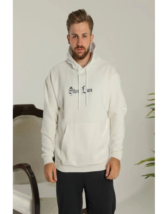 Oversize Üç İplik Şardonlu Kapüşonlu Sweatshirt – Beyaz “Other Lives” Ön Ve Arka Baskılı, Kanguru Cepli, Ribanalı Rahat Kışlık Model Beyaz