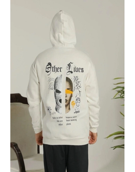 Oversize Üç İplik Şardonlu Kapüşonlu Sweatshirt – Beyaz “Other Lives” Ön Ve Arka Baskılı, Kanguru Cepli, Ribanalı Rahat Kışlık Model Beyaz