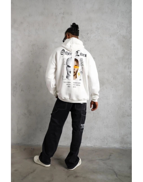 Oversize Üç İplik Şardonlu Kapüşonlu Sweatshirt – Beyaz “Other Lives” Ön Ve Arka Baskılı, Kanguru Cepli, Ribanalı Rahat Kışlık Model Beyaz