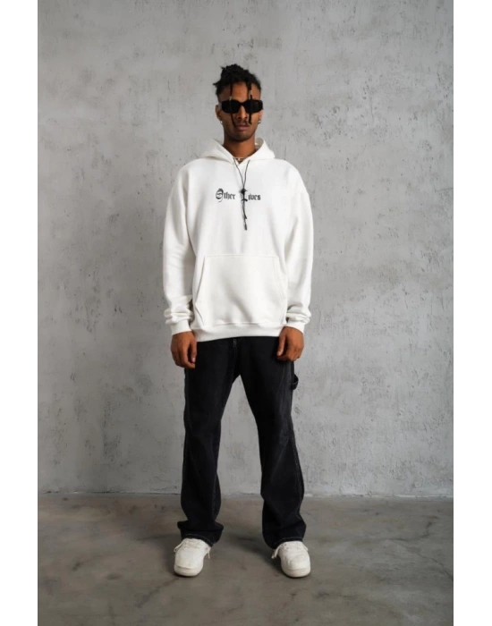 Oversize Üç İplik Şardonlu Kapüşonlu Sweatshirt – Beyaz “Other Lives” Ön Ve Arka Baskılı, Kanguru Cepli, Ribanalı Rahat Kışlık Model Beyaz