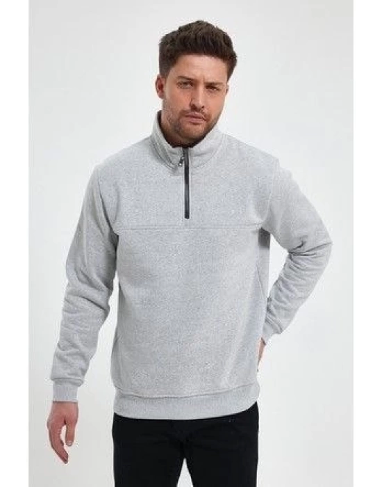 Oversize Yarım Farmuarlı Yakalı Basic SweatShirt - Gri