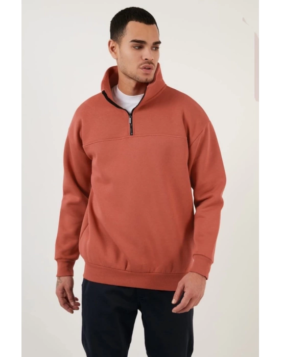 Oversize Yarım Farmuarlı Yakalı Basic SweatShirt - Gül Kurusu