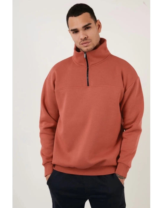 Oversize Yarım Farmuarlı Yakalı Basic SweatShirt - Gül Kurusu