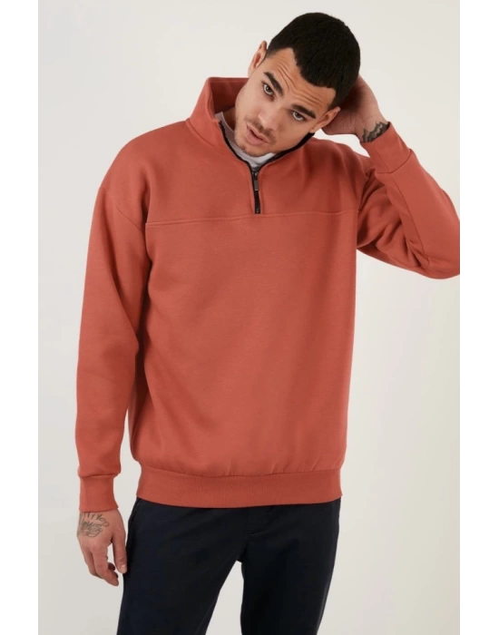 Oversize Yarım Farmuarlı Yakalı Basic SweatShirt - Gül Kurusu