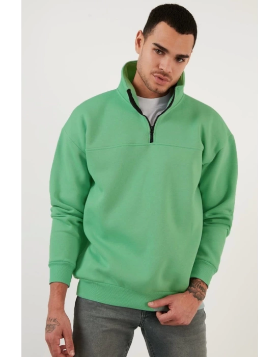 Oversize Yarım Farmuarlı Yakalı Basic SweatShirt - Yeşil