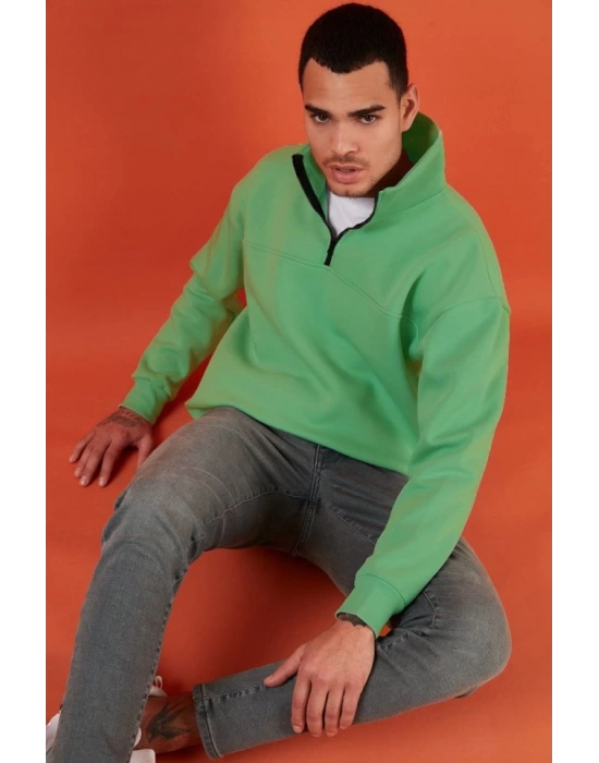 Oversize Yarım Farmuarlı Yakalı Basic SweatShirt - Yeşil