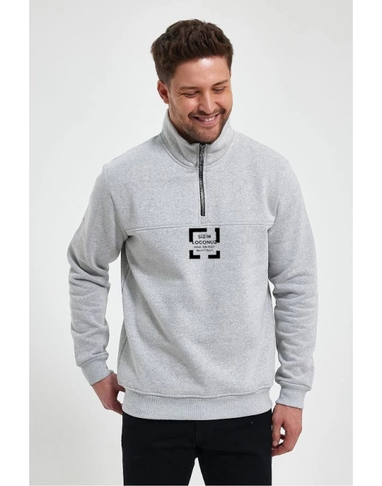 Oversize Yarım Farmuarlı Yakalı Özel Tasarım Basic SweatShirt - Gri