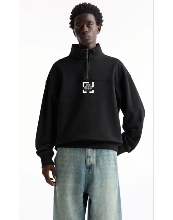 Oversize Yarım Farmuarlı Yakalı Özel Tasarım Basic SweatShirt - Siyah