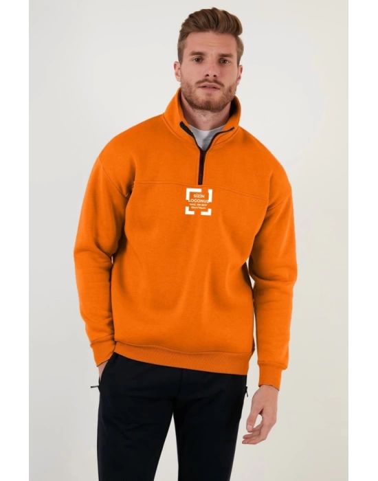Oversize Yarım Farmuarlı Yakalı Özel Tasarım Basic SweatShirt - Turuncu