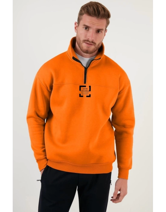 Oversize Yarım Farmuarlı Yakalı Özel Tasarım Basic SweatShirt - Turuncu